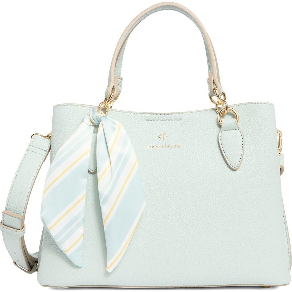 Chic Blue Satchel with Gold Hardware and Scarf Accent